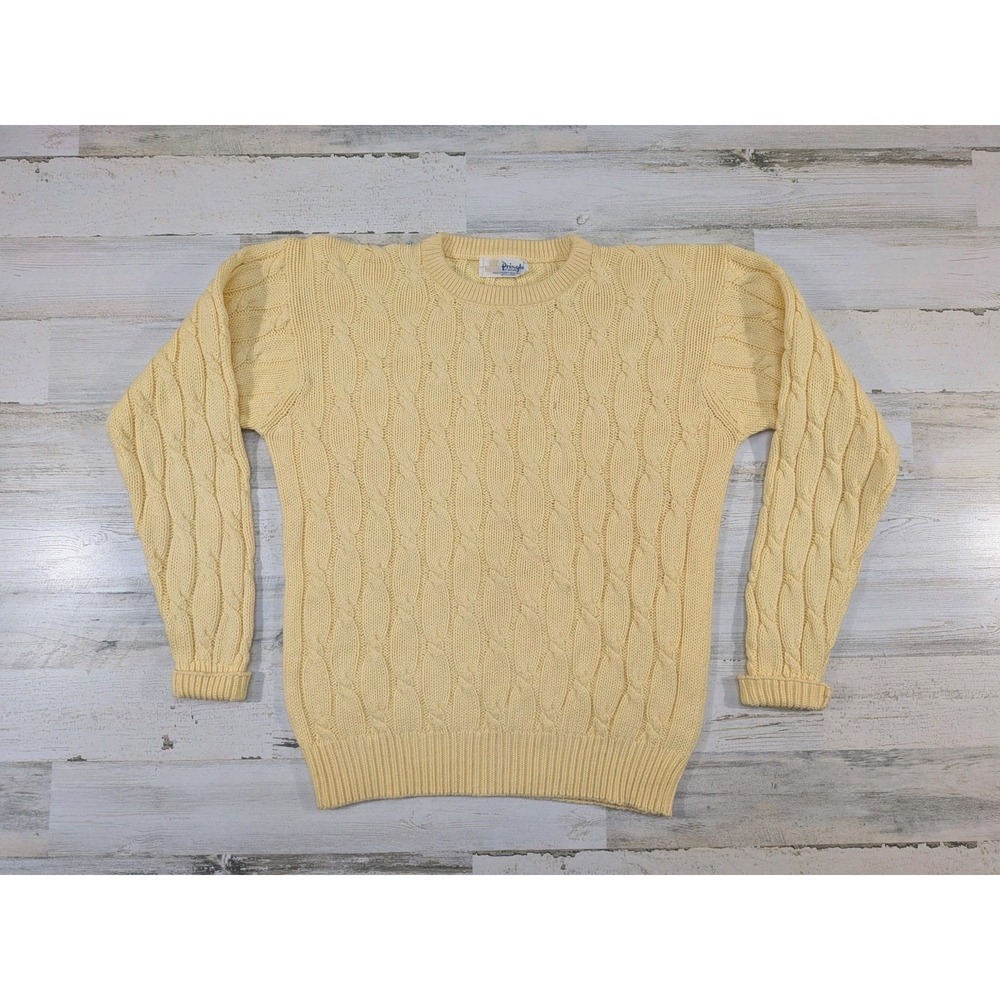 Vintage Pringle Sweater Mens Large Yellow Fisherman Cable Knit Heavy Cotton